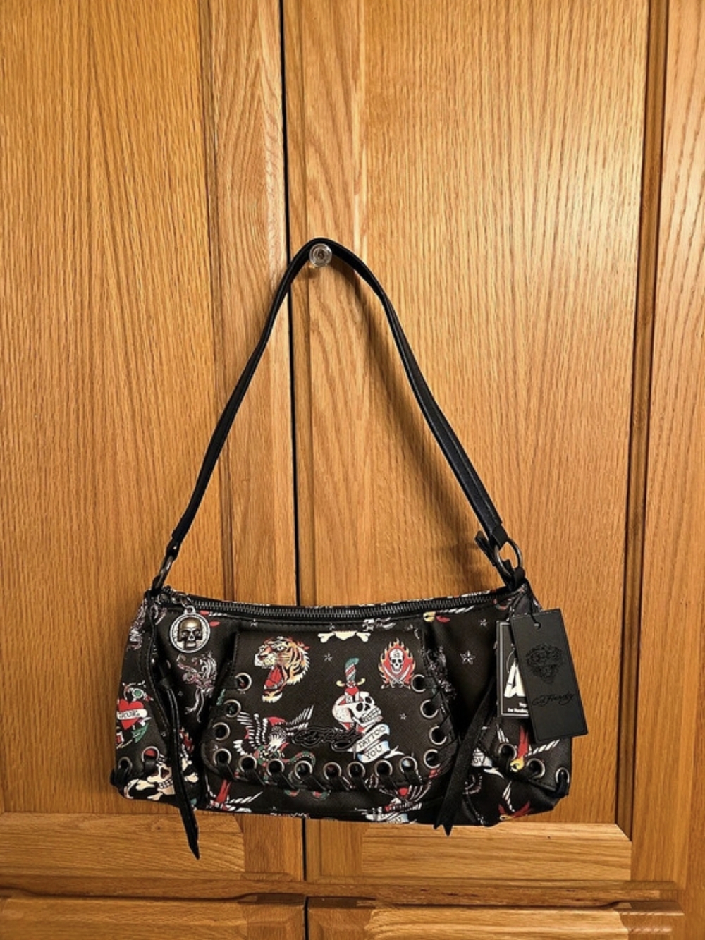 Ed Hardy Tattoo Print Grommet Pocket Shoulder Bag in Black & Red